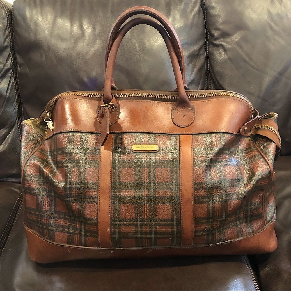RALPH LAUREN Brown Green Top Handle Tartan Plaid Boston Duffle Travel Bag 55cm